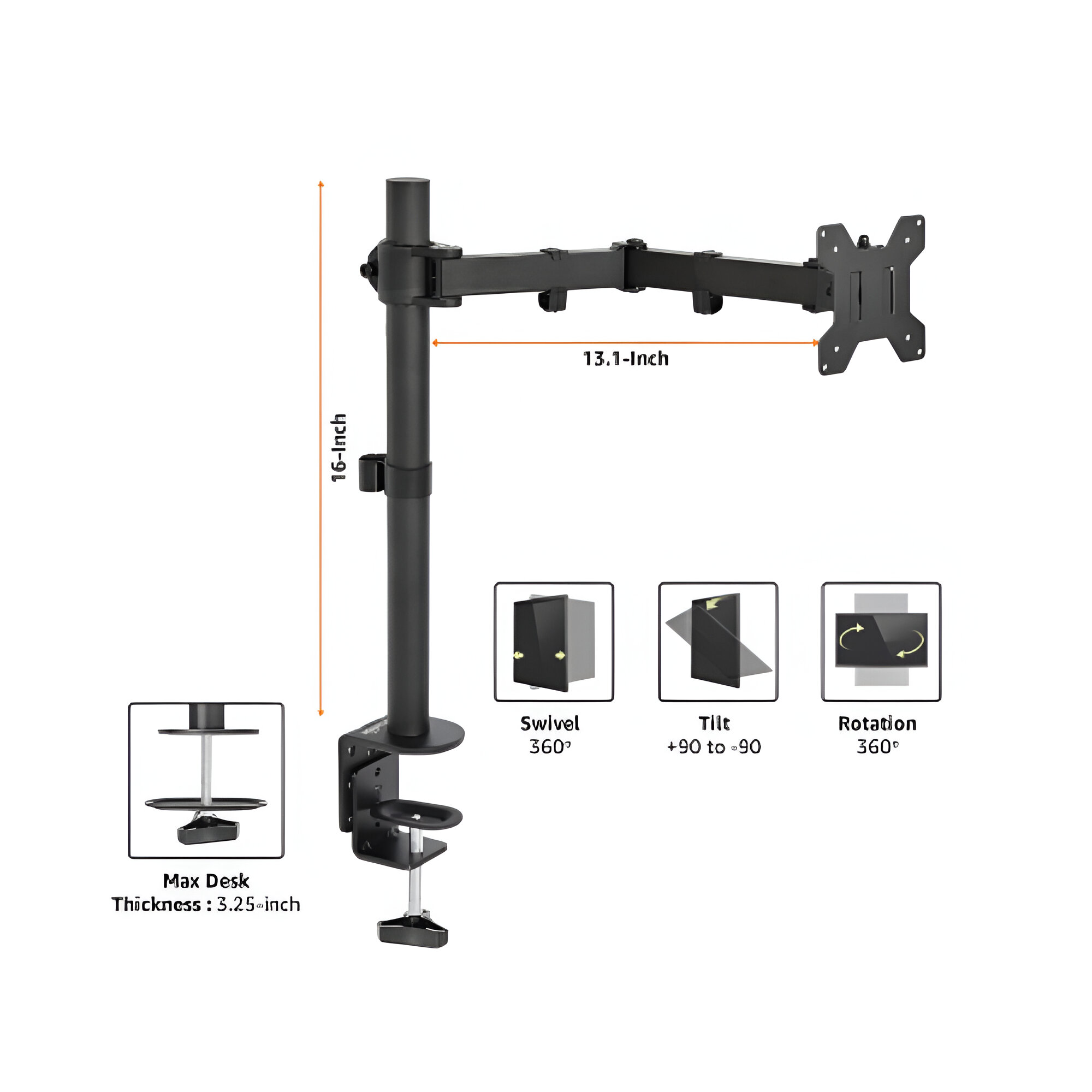 LED Monitor Mount Stand For 1 LED With Table Clamp 15 Inch Height view 2